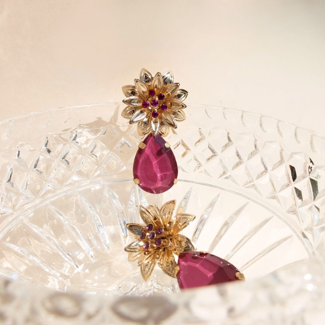 Golden Peony Crystal Drop Earrings