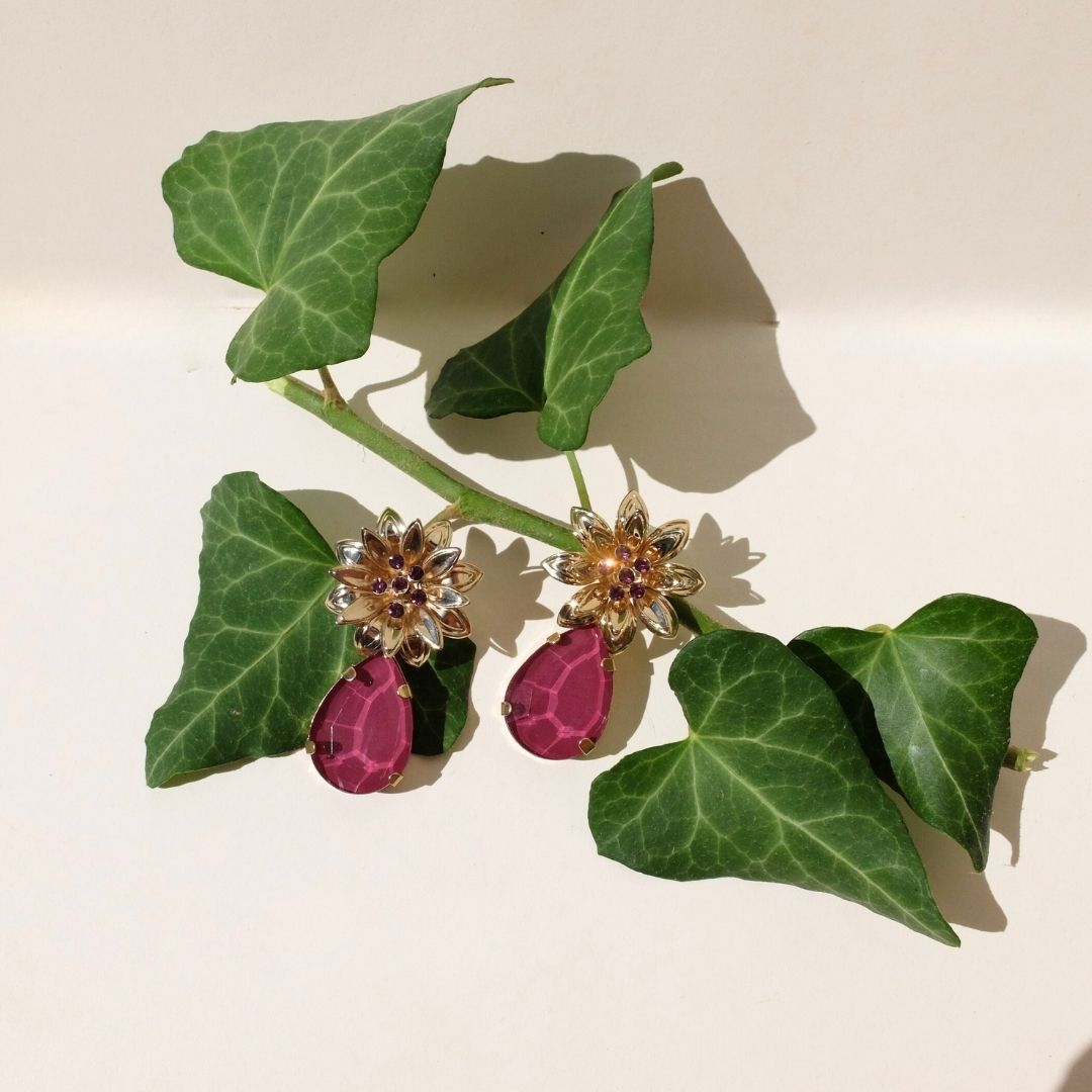 Golden Peony Crystal Drop Earrings