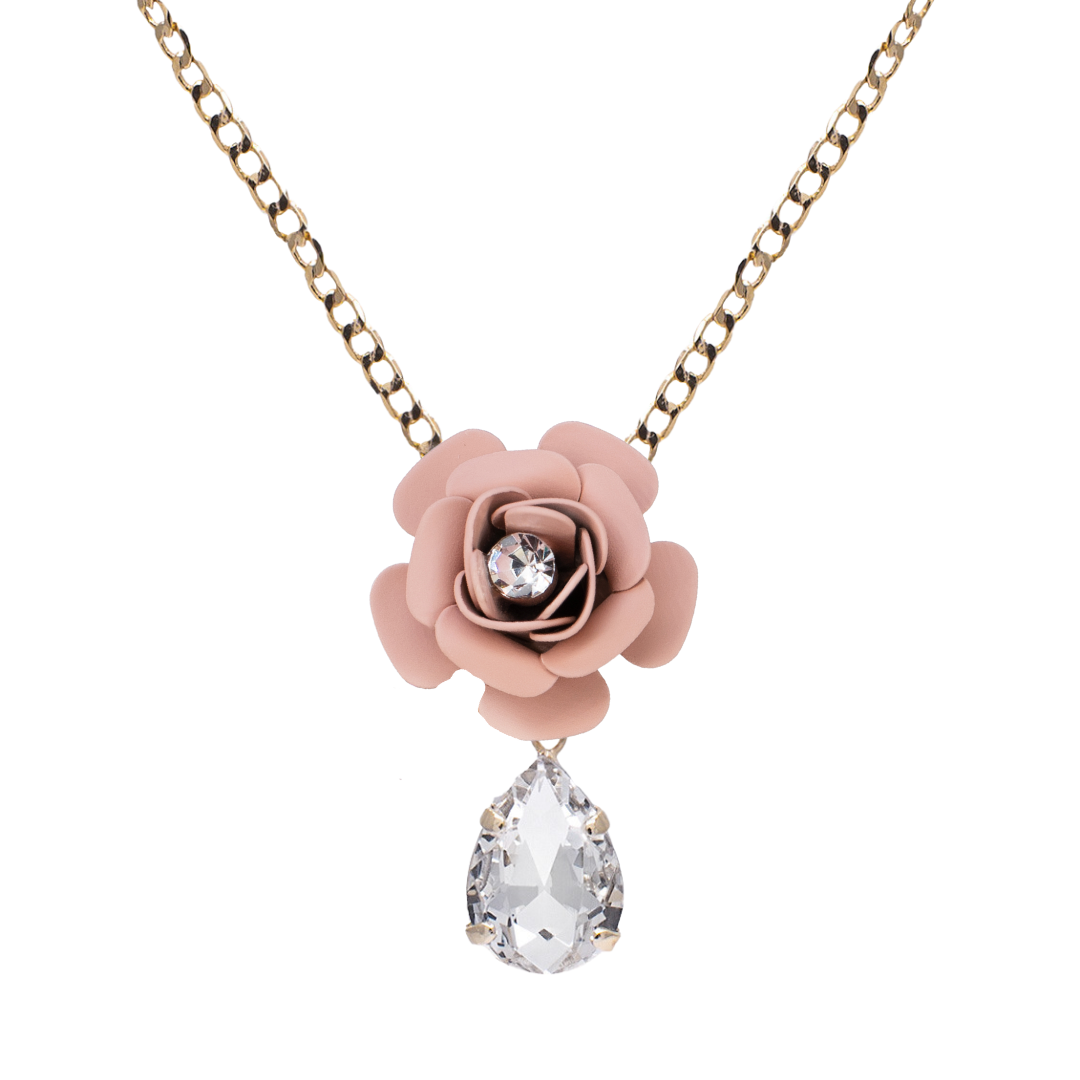 Collana a ciondolo "Camelia" rosa con goccia in cristallo