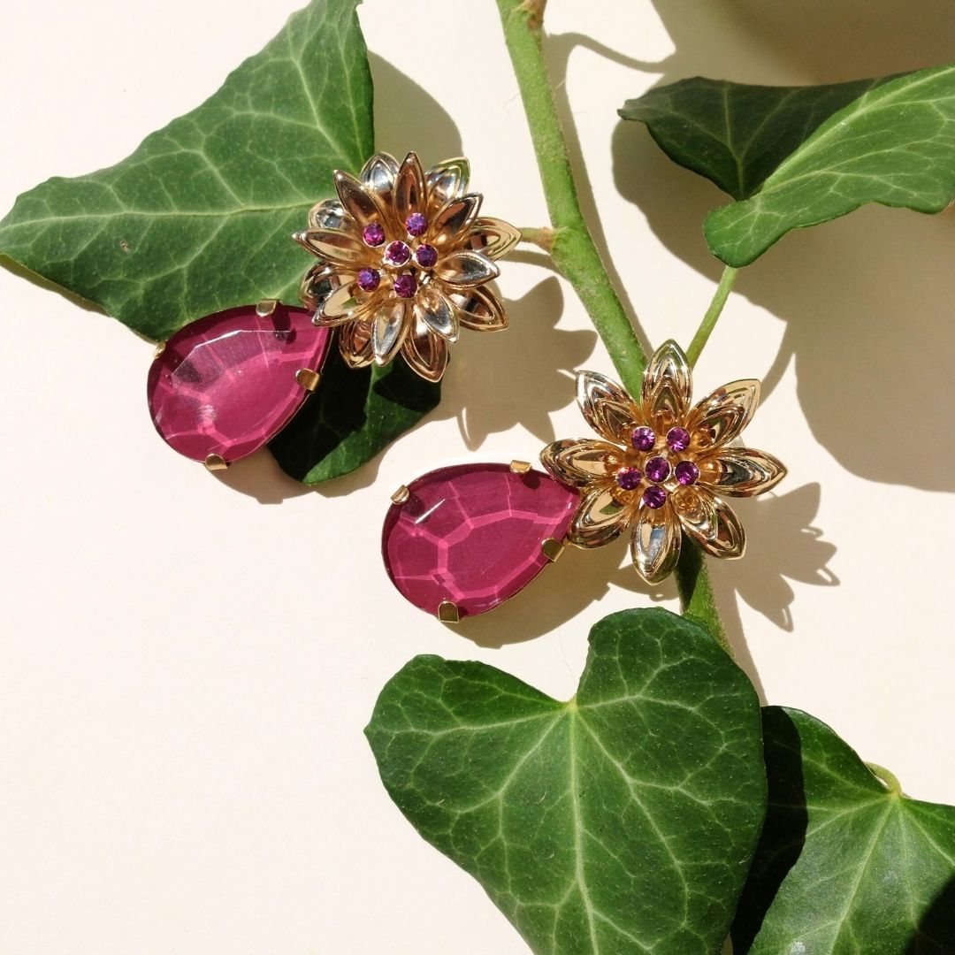 Golden Peony Crystal Drop Earrings