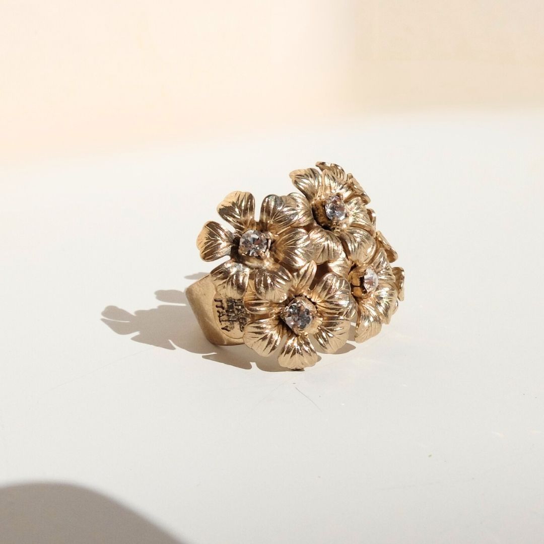 Golden Peony Ring with Central Pearl