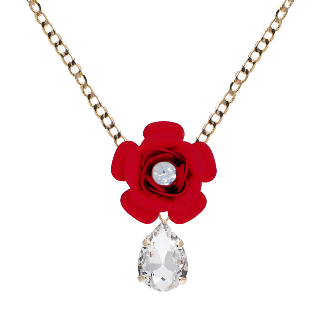 Collana a ciondolo "Camelia" rossa con goccia in cristallo