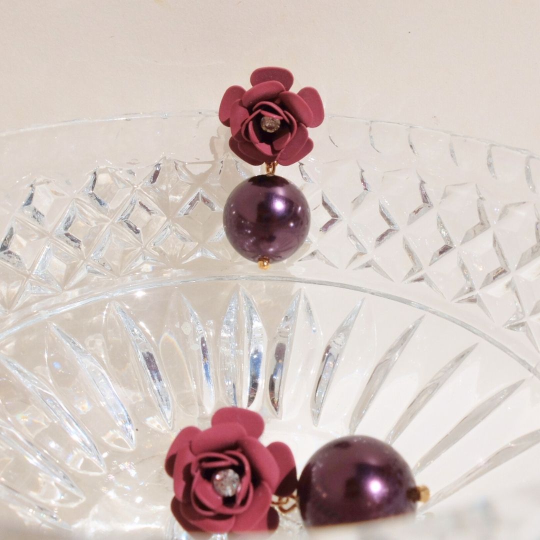 "Camelia" cherry pendant earrings with mauve crystal and pearl
