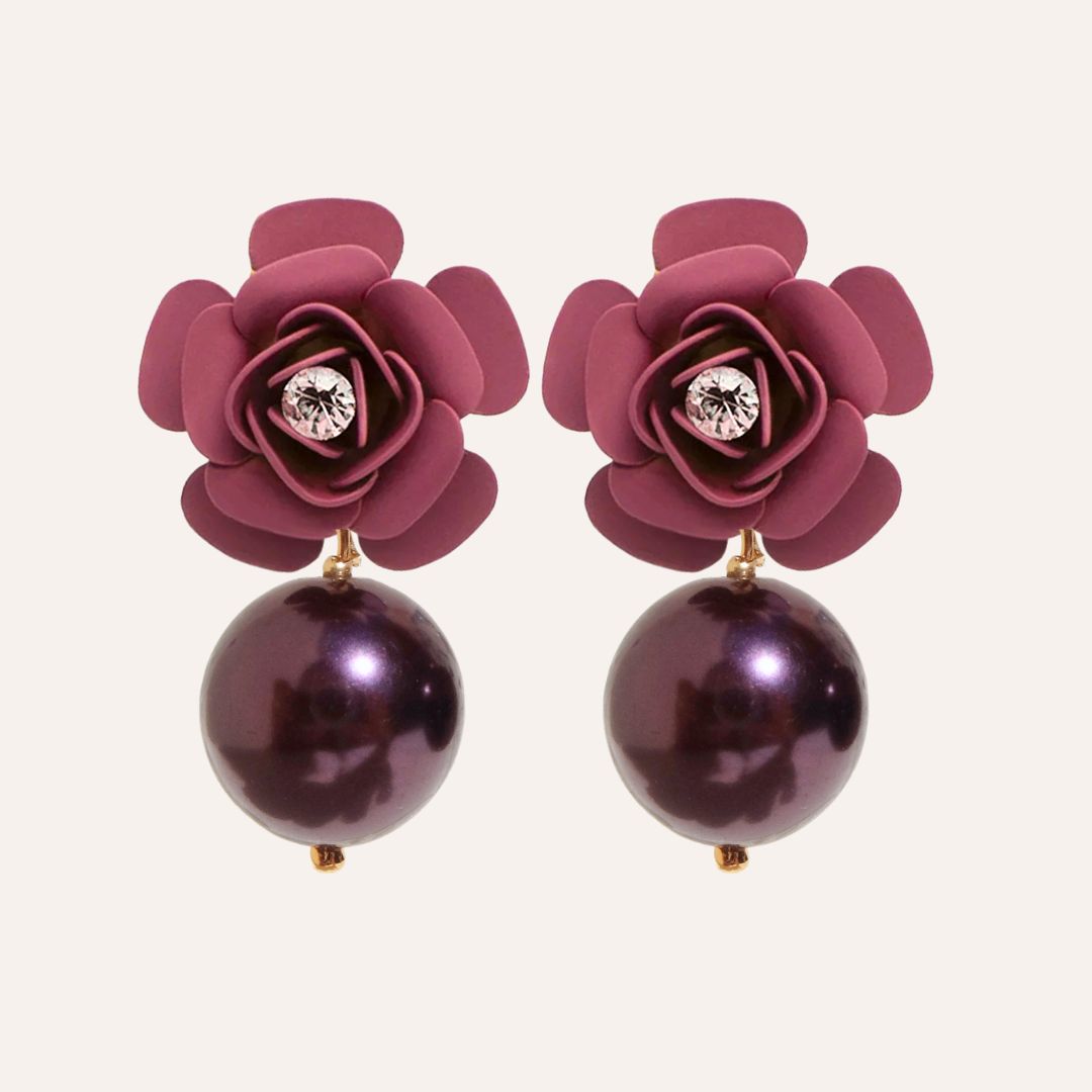 "Camelia" cherry pendant earrings with mauve crystal and pearl