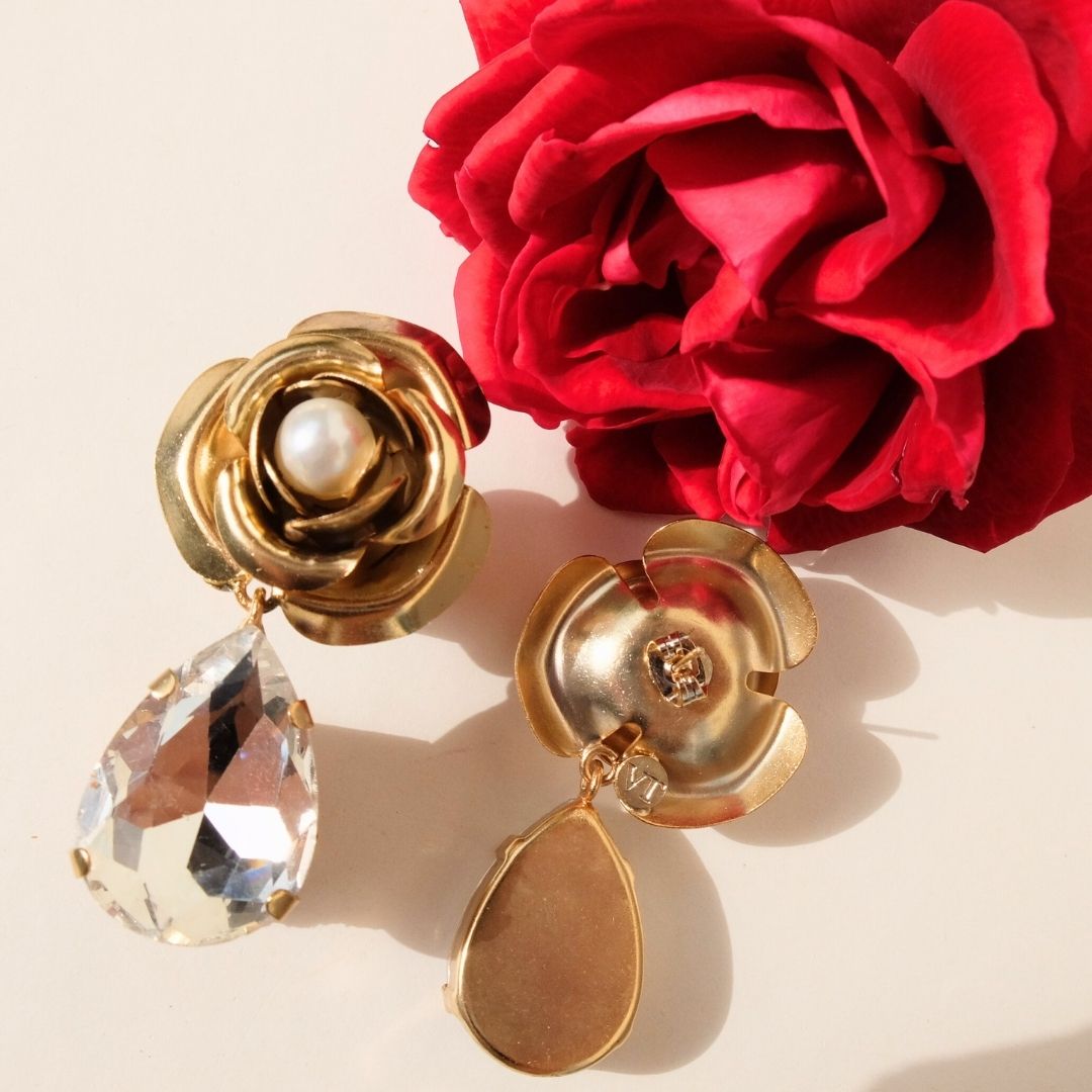 Orecchini Peonia Golden con Goccia in Cristallo