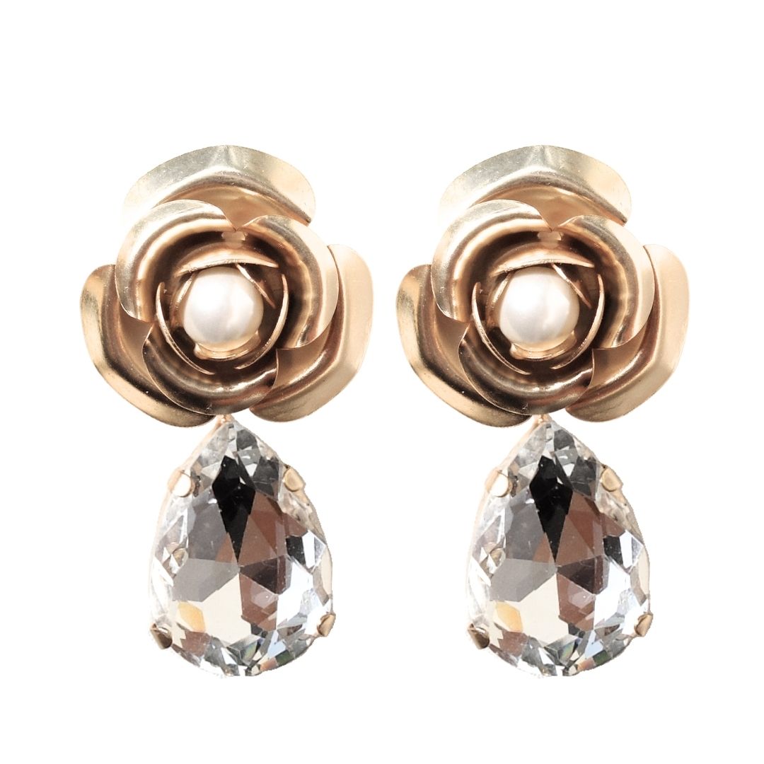 Orecchini Peonia Golden con Goccia in Cristallo