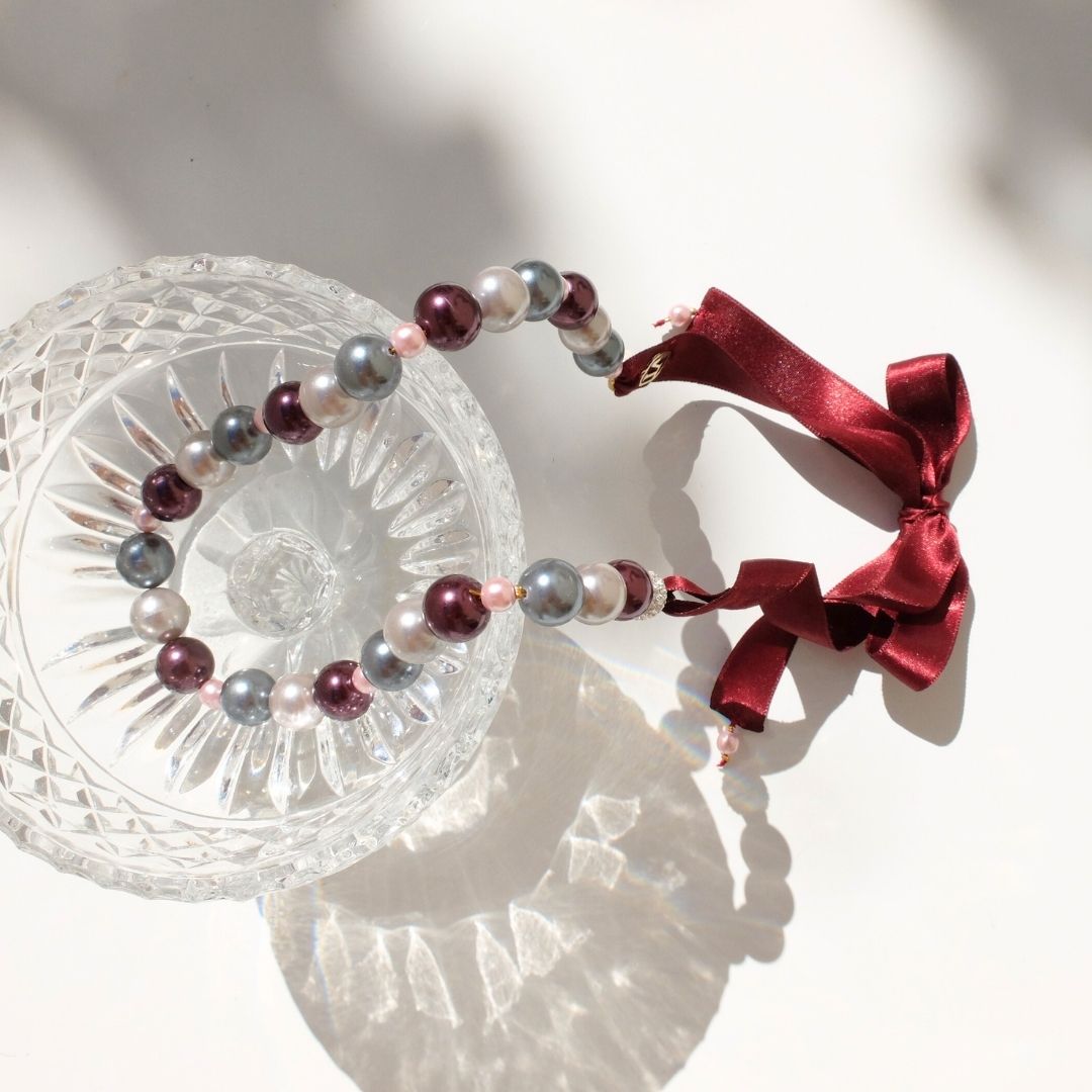 Collana Kate - perle multicolor e nastro vinaccia