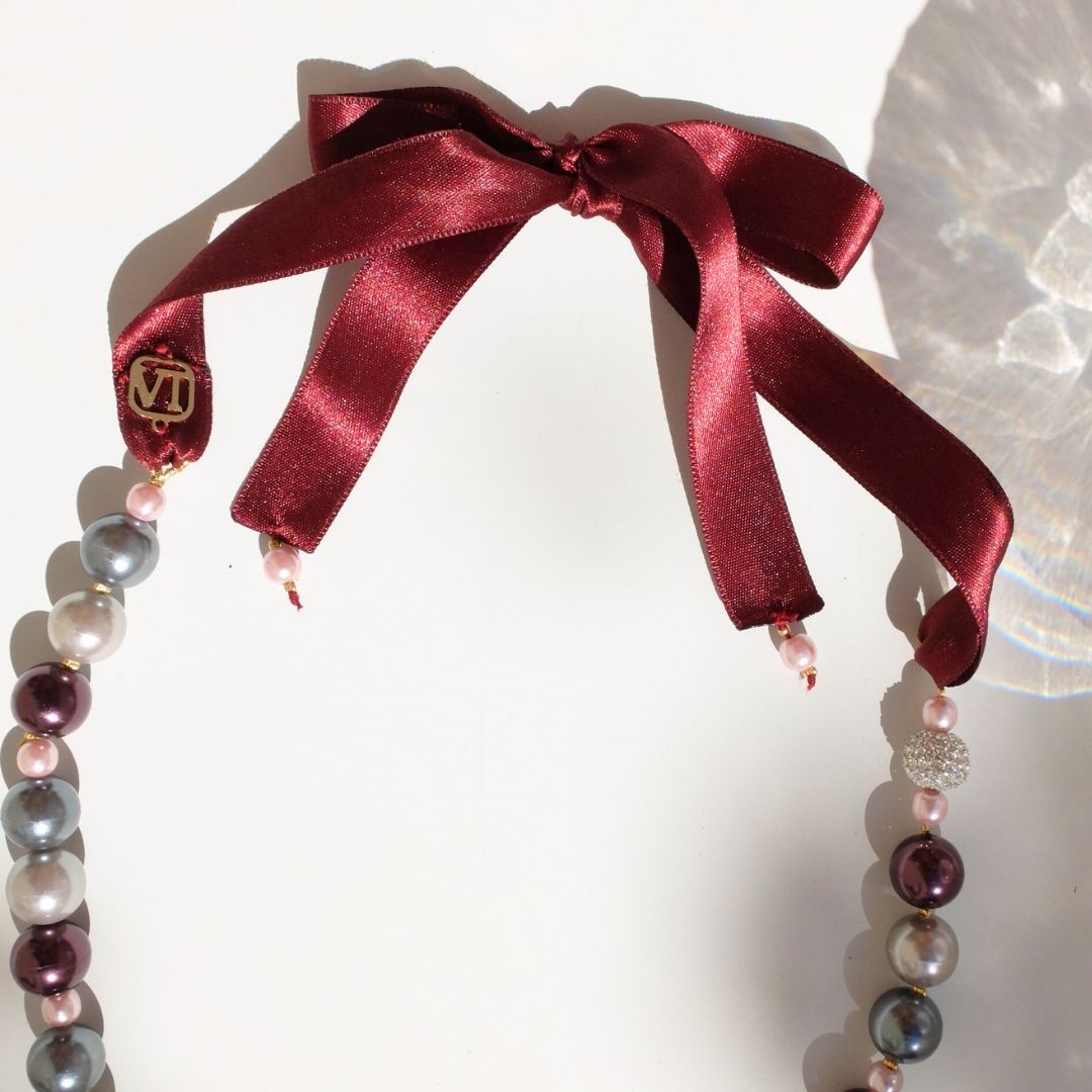 Collana Kate - perle multicolor e nastro vinaccia
