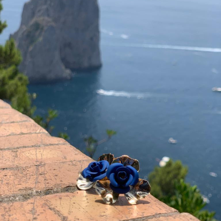 Orecchini a lobo "Peonia Sunset" - Blu Elettrico con cristallo centrale