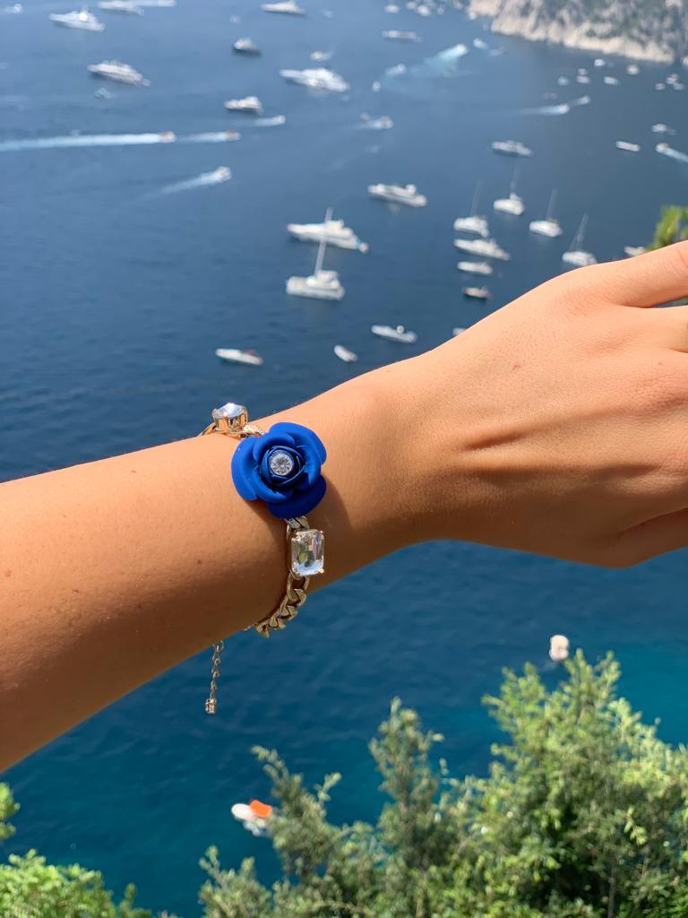 Bracciale Regolabile "Peonia Sunset"- Blu Elettrico con Cristalli
