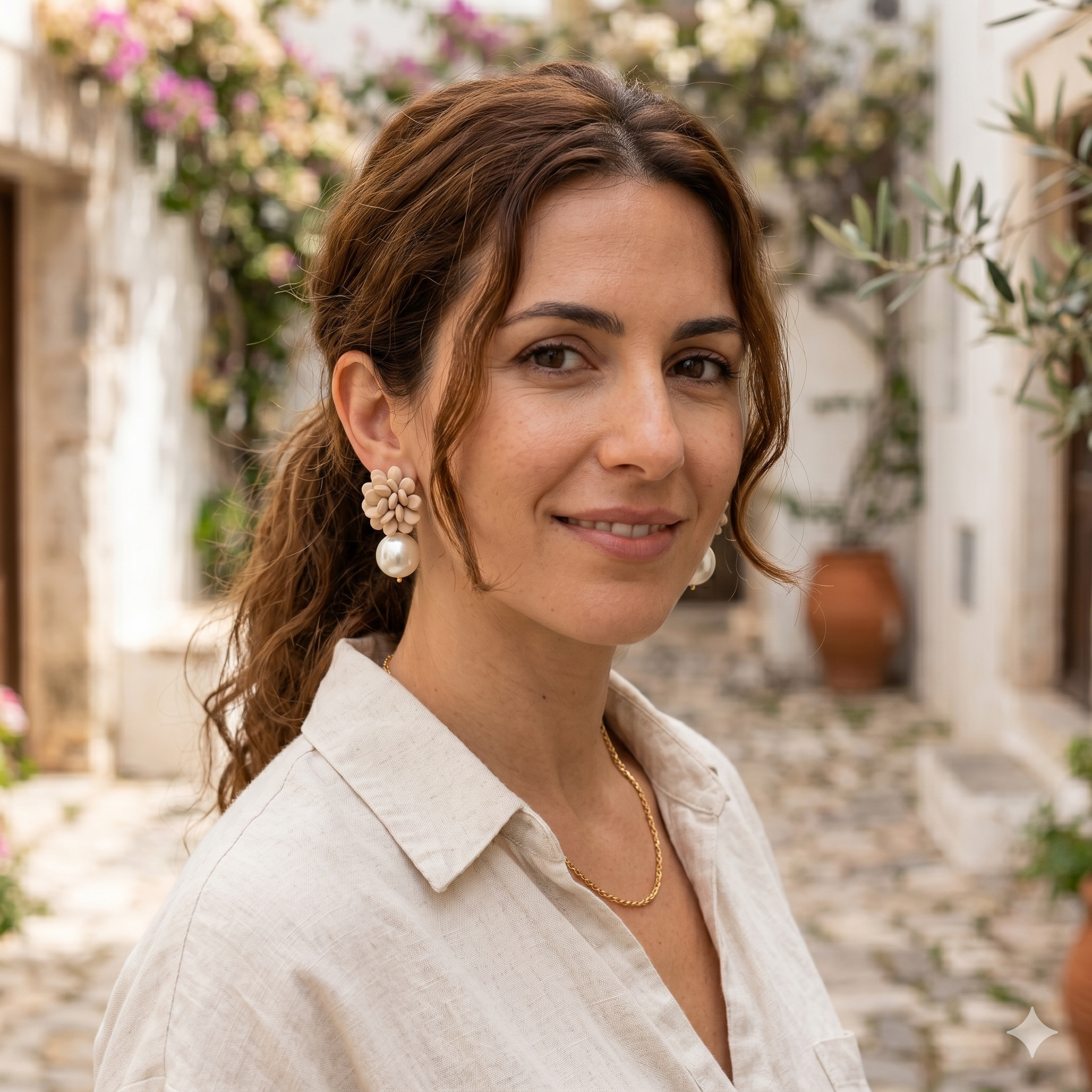 Orecchini Ninfea Beige con perla pendente