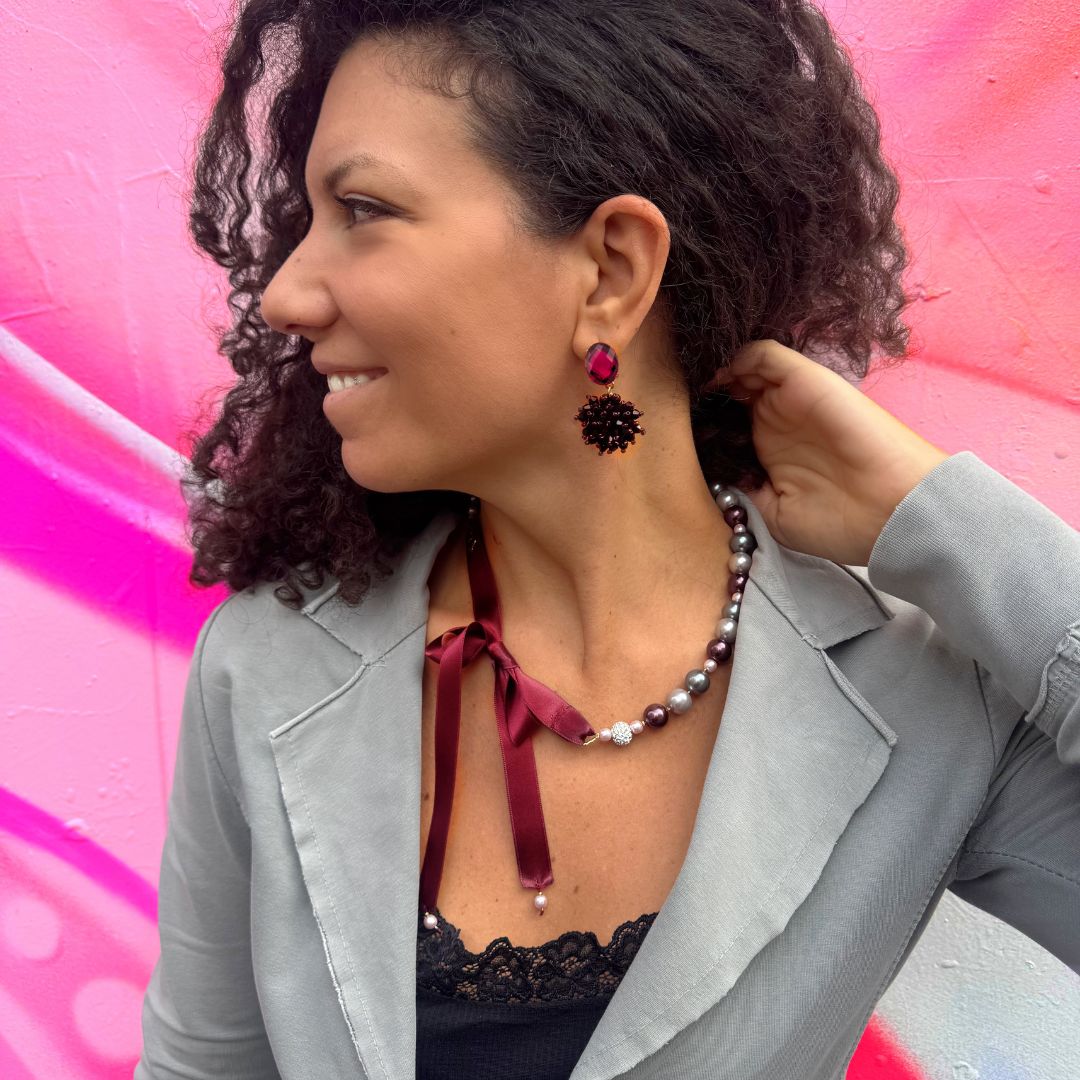 Collana Kate - perle multicolor e nastro vinaccia