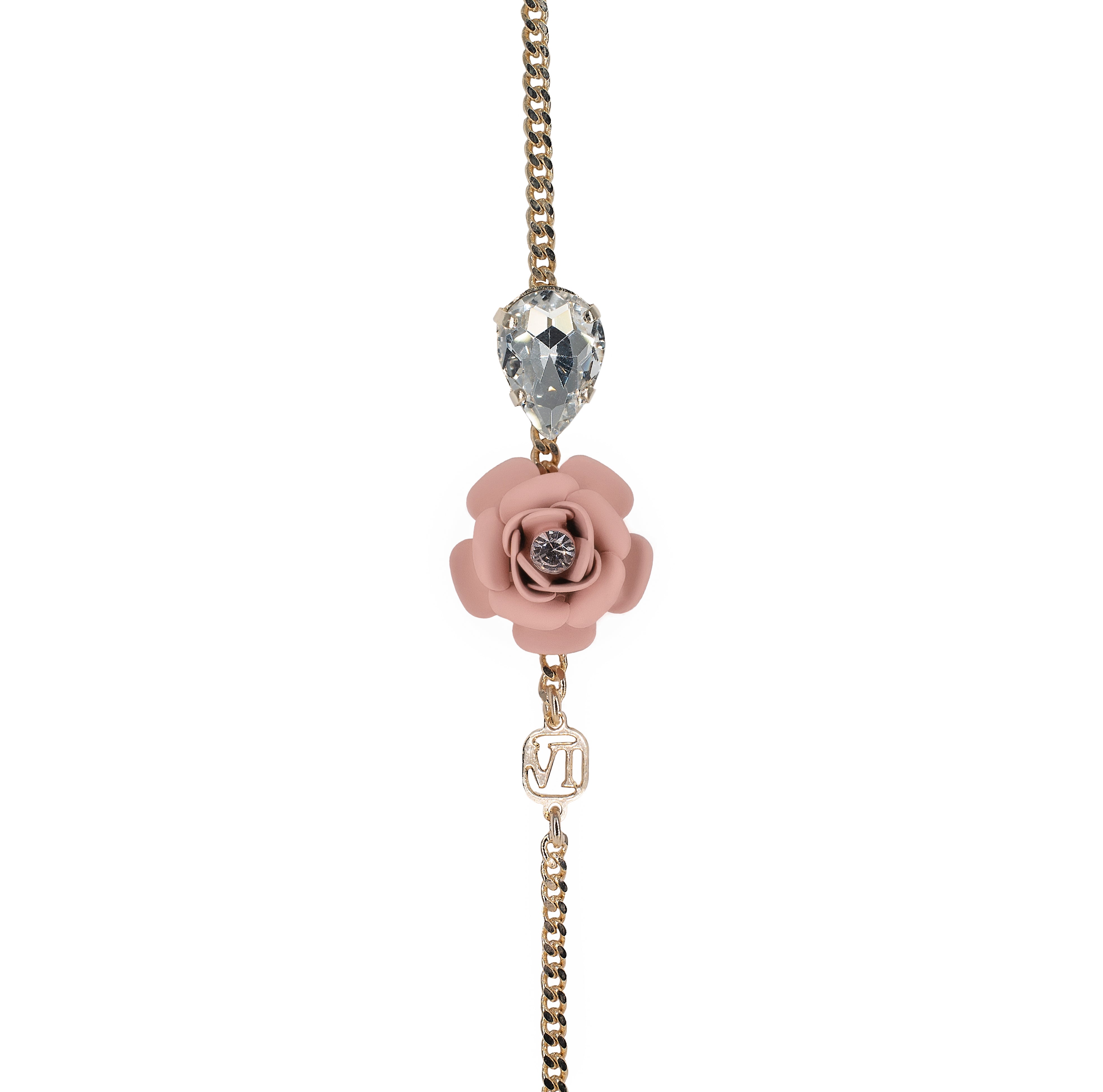 Bracciale Regolabile "Camelia" - Rosa Cipria con Goccia in cristallo
