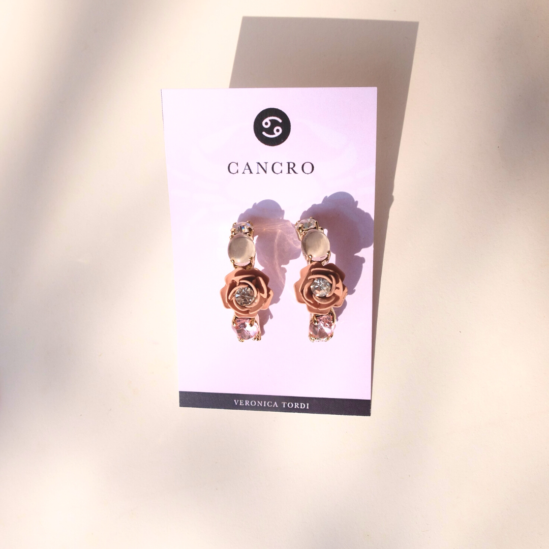 Orecchini a Cerchio "Cancro" con Camelia Rosa e cristalli