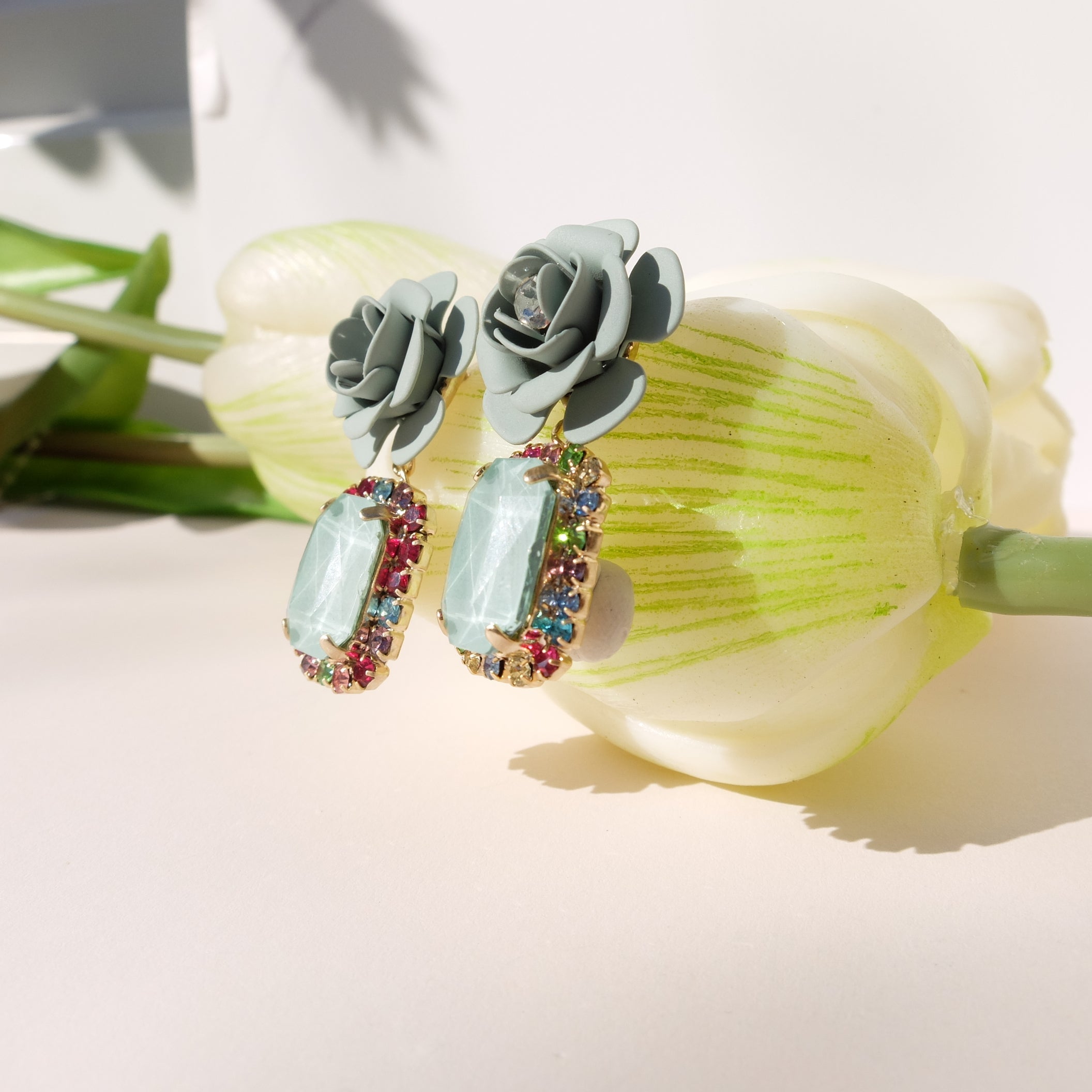 Tropical Decò "Camelia" Earrings - Sage Green with Multicolor Crystals