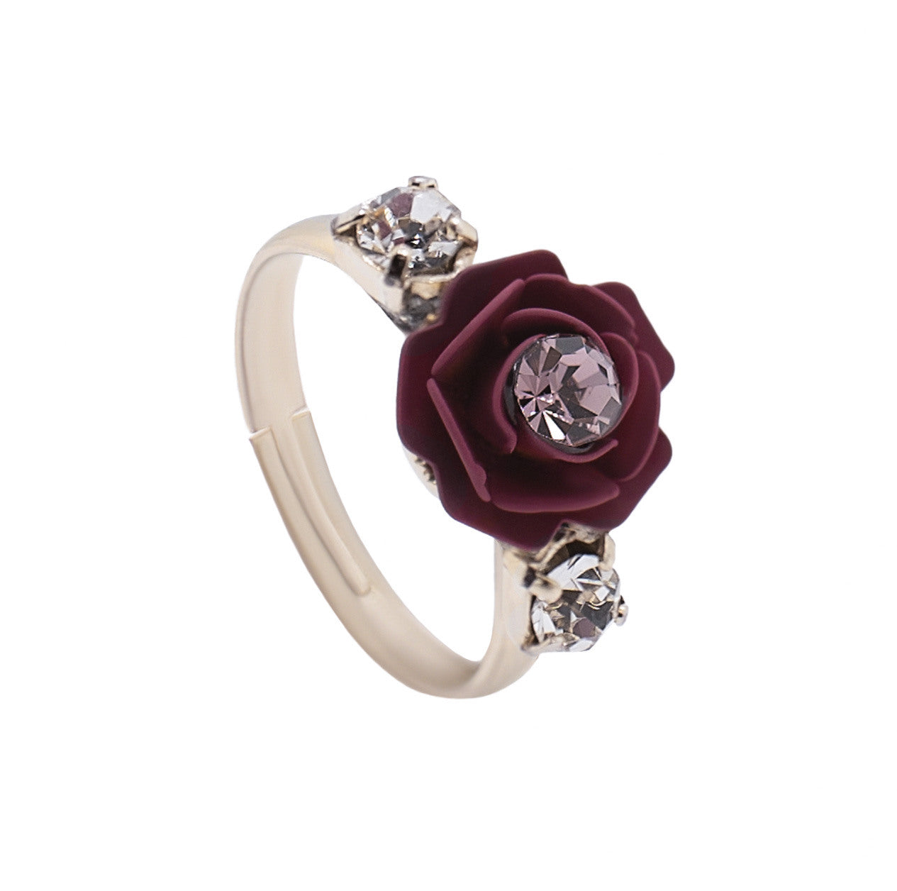 Anello regolabile "Camelia" ciliegia con cristalli