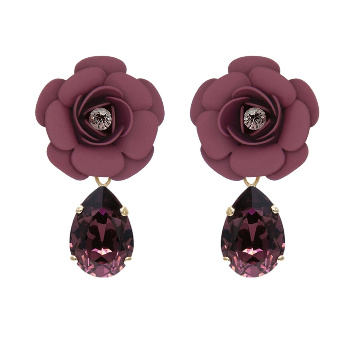 Orecchini pendenti "Camelia" ciliegia con goccia cristallo ametista
