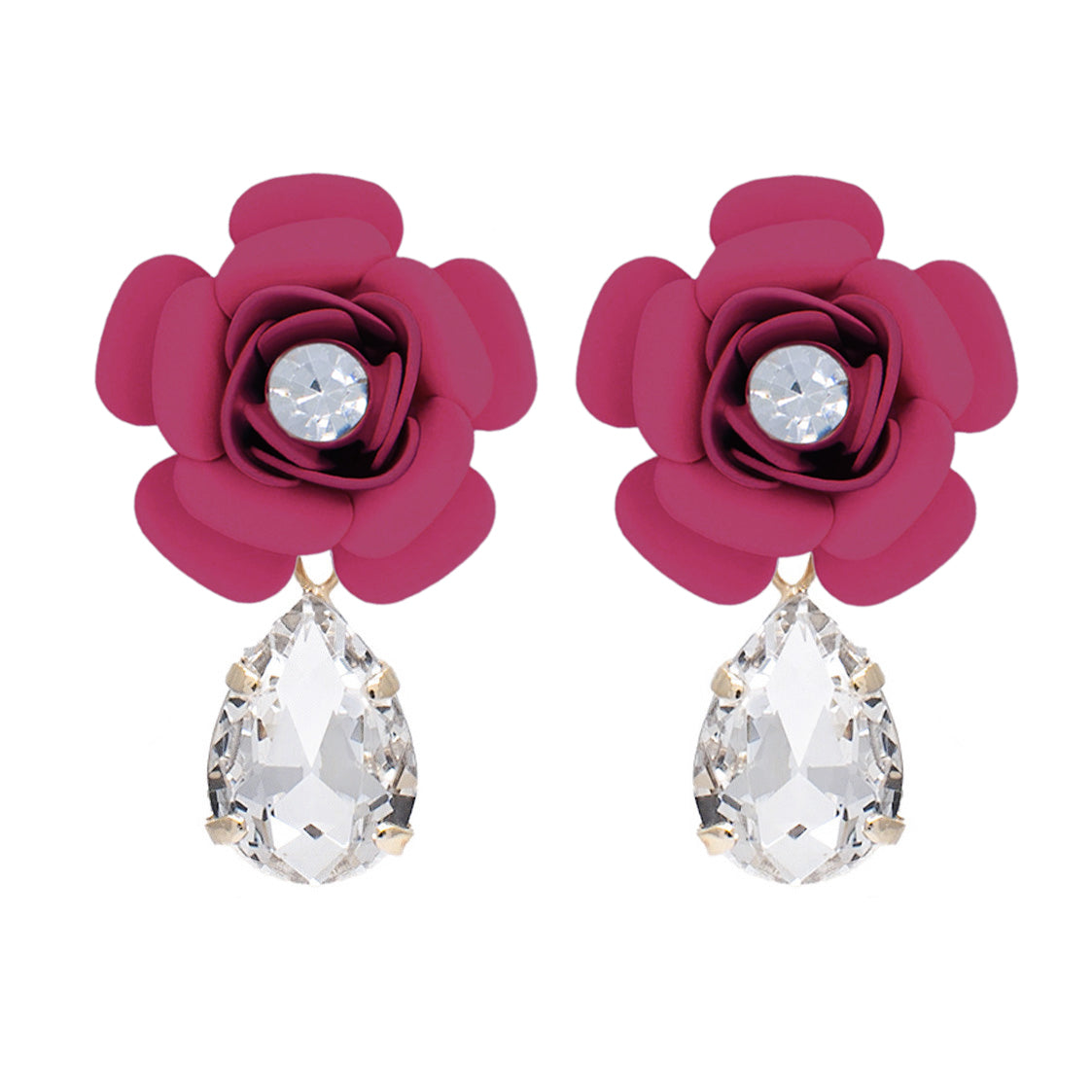 Orecchini pendenti "Camelia" Fucsia con Goccia Cristallo
