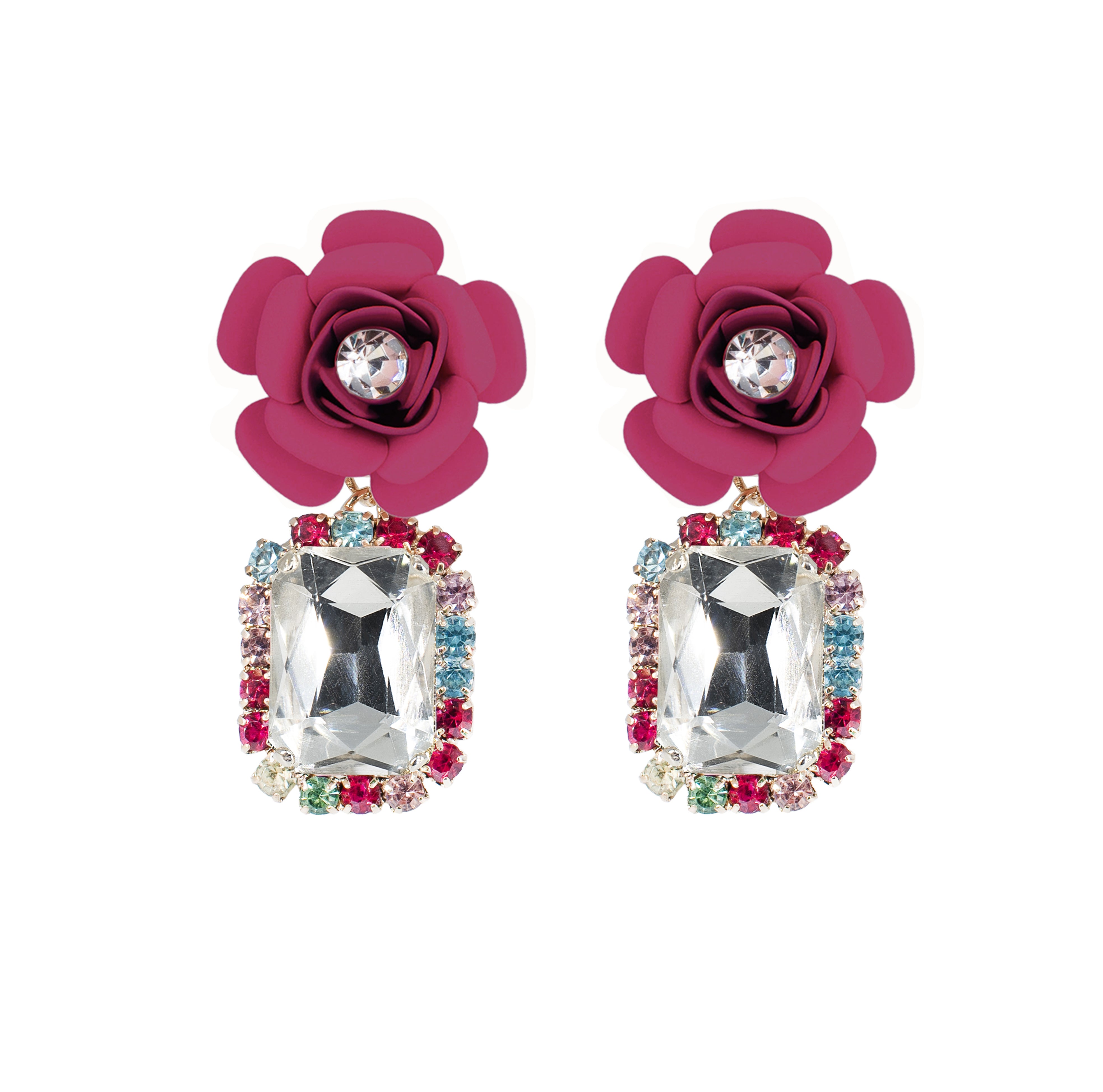 Orecchini "Camelia" Fucsia con Cristalli Multicolor