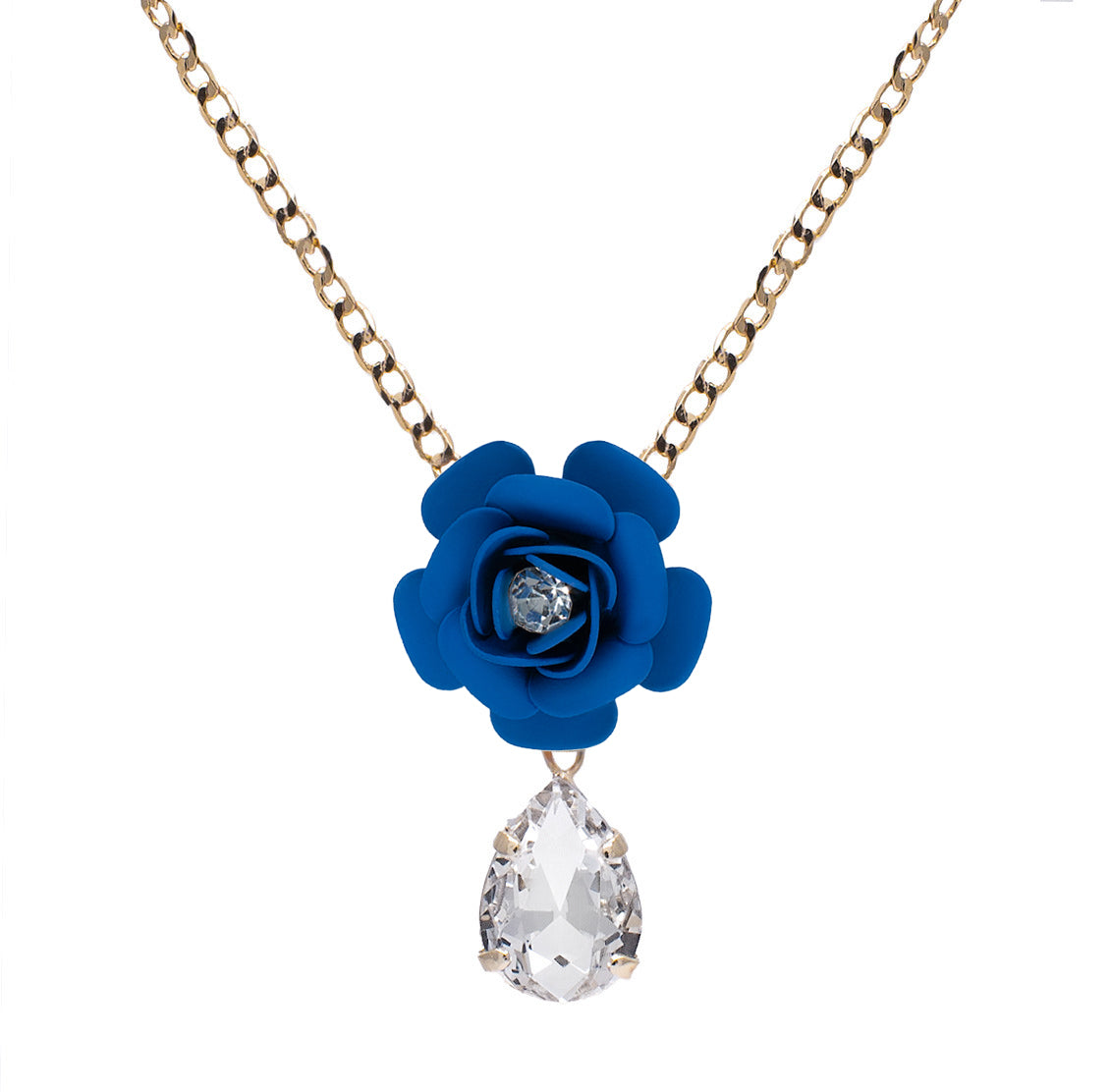 Collana a ciondolo "Camelia" - Blu Elettrico con Goccia in Cristallo