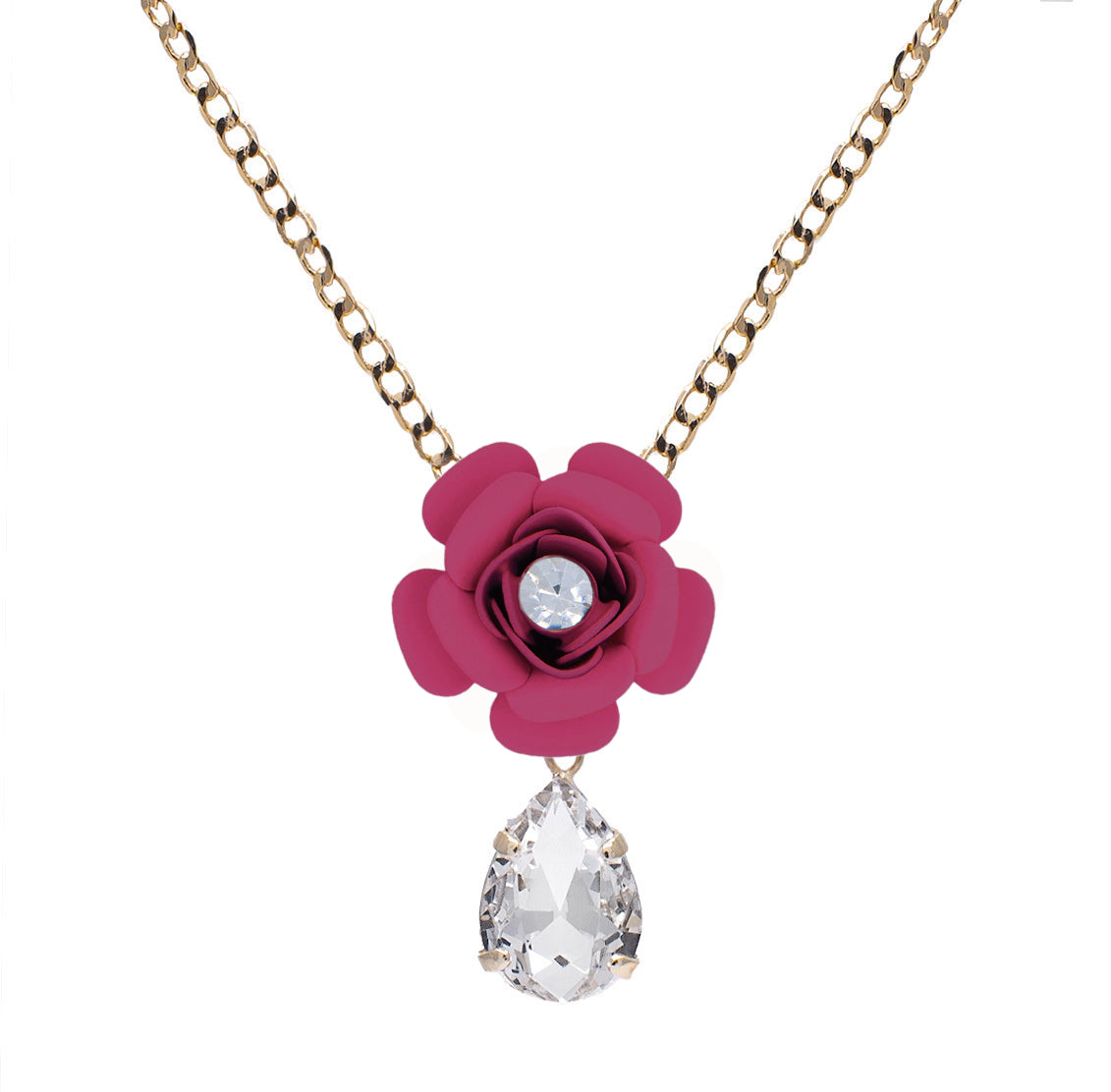 Collana a ciondolo "Camelia" fucsia con goccia in cristallo