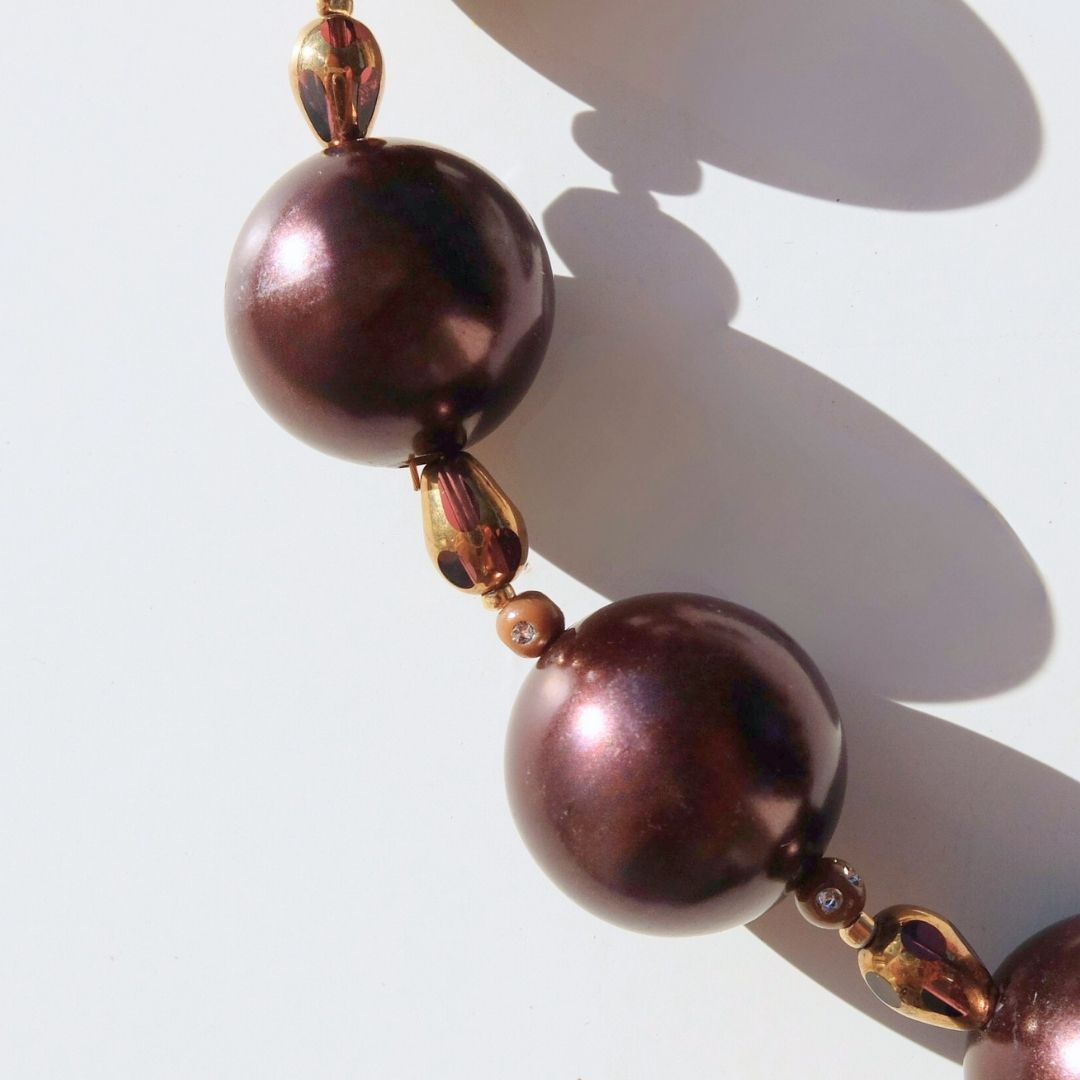 Collana Vittoria - perle mogano e nastro rosa antico