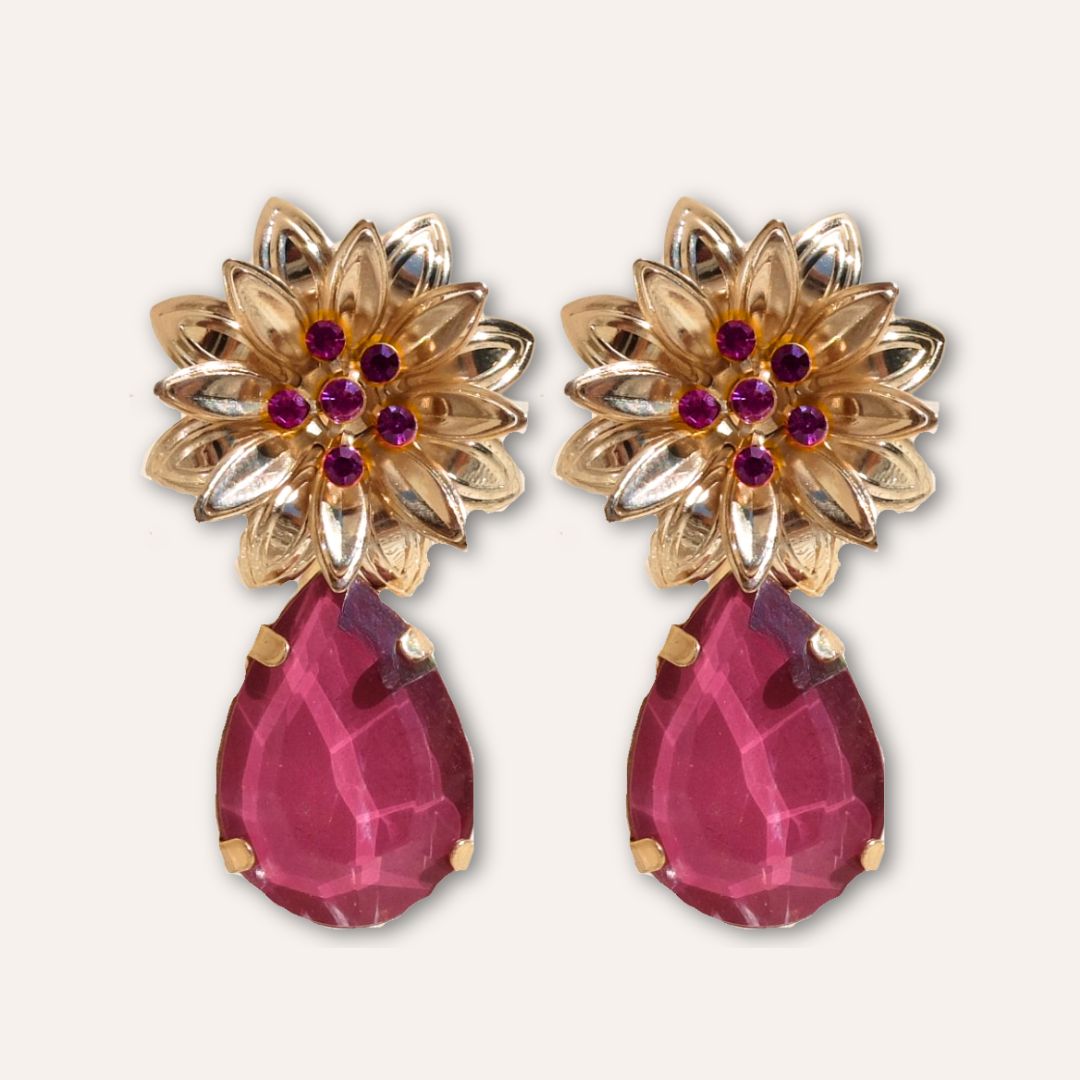 Golden Peony Crystal Drop Earrings