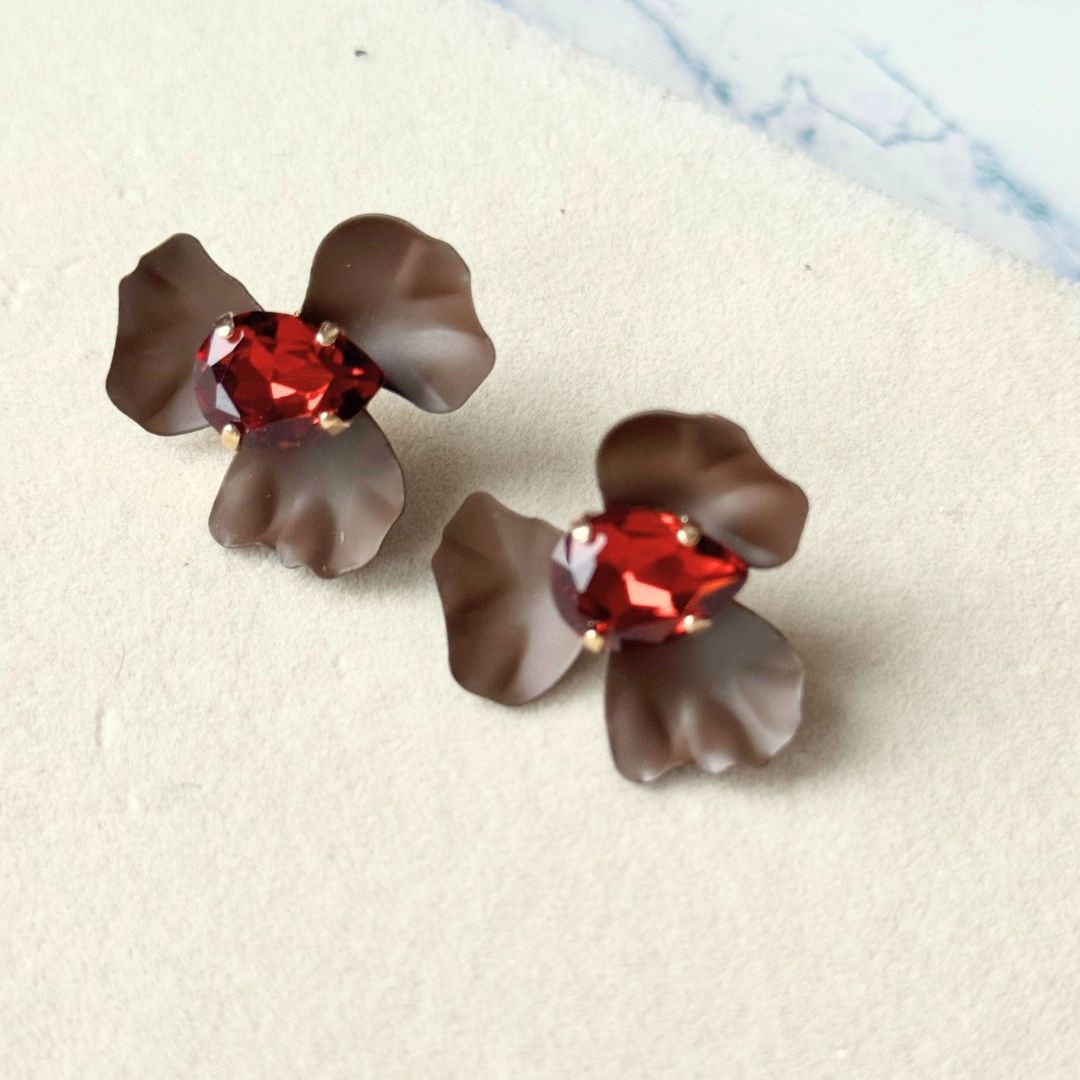 Orange Daisy Earrings Silk Effect - with crystal stone