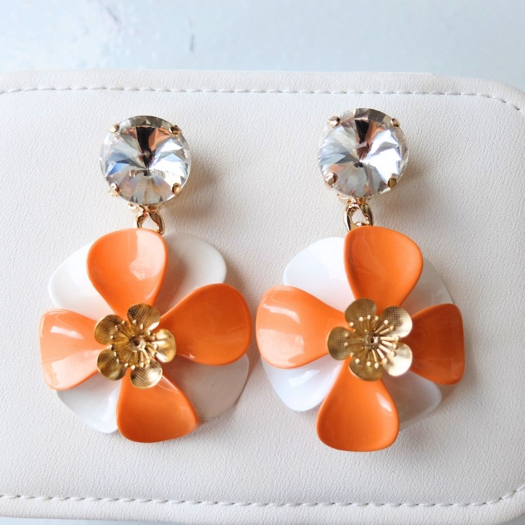 Orange and Milk White "Petal" Earrings - with central golden flower