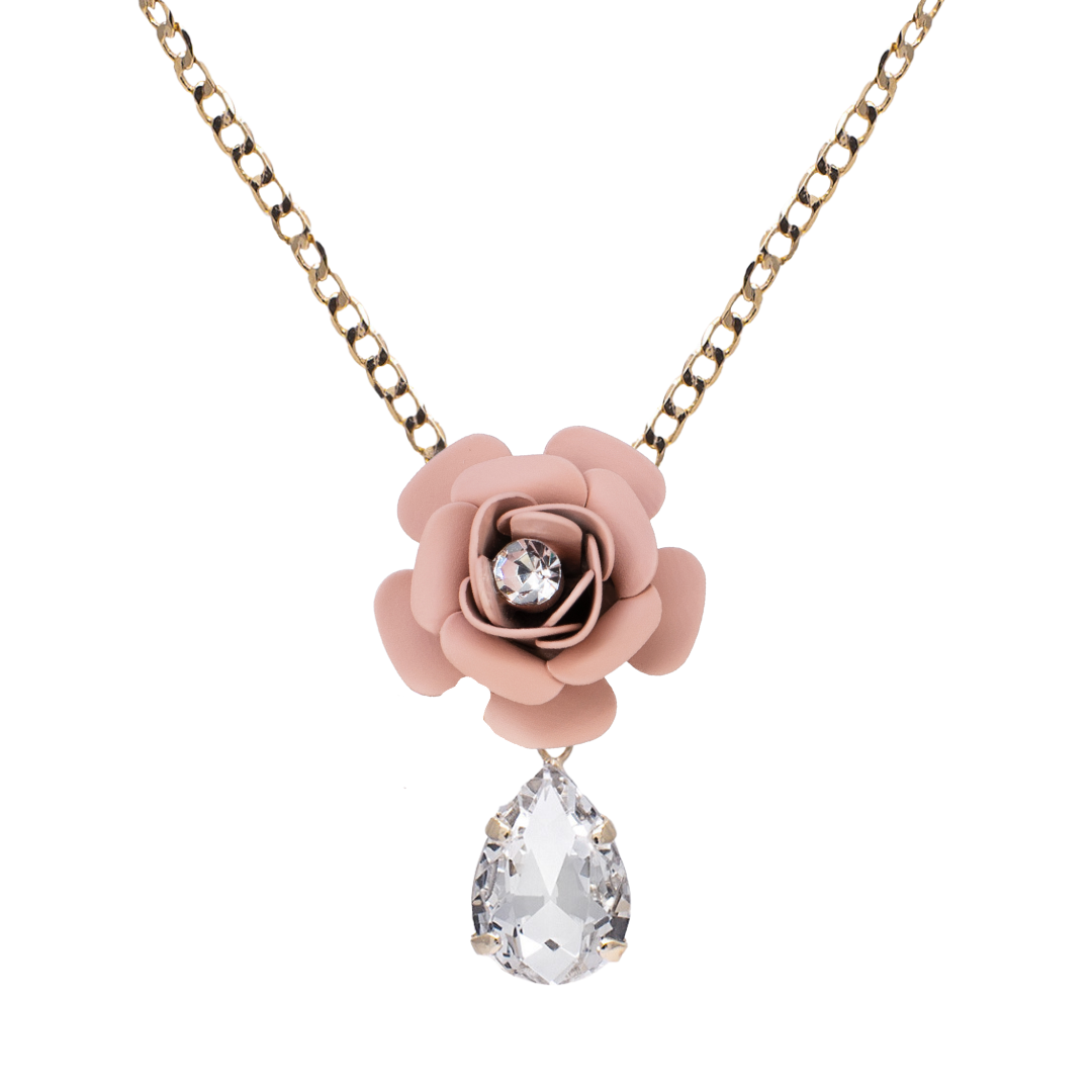 Pink "Camelia" Pendant Necklace with Crystal Drop 