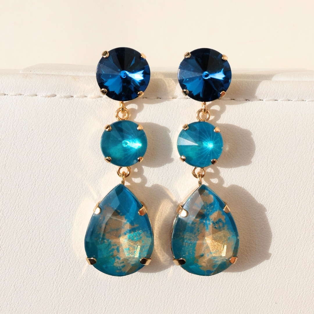 Aba Drops Teal Earrings with Marmorino Effect Stone (Hand Painted)