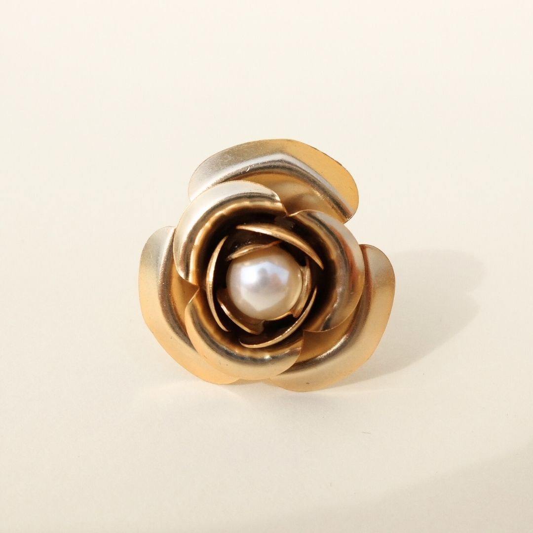 Golden Peony Ring with Central Pearl