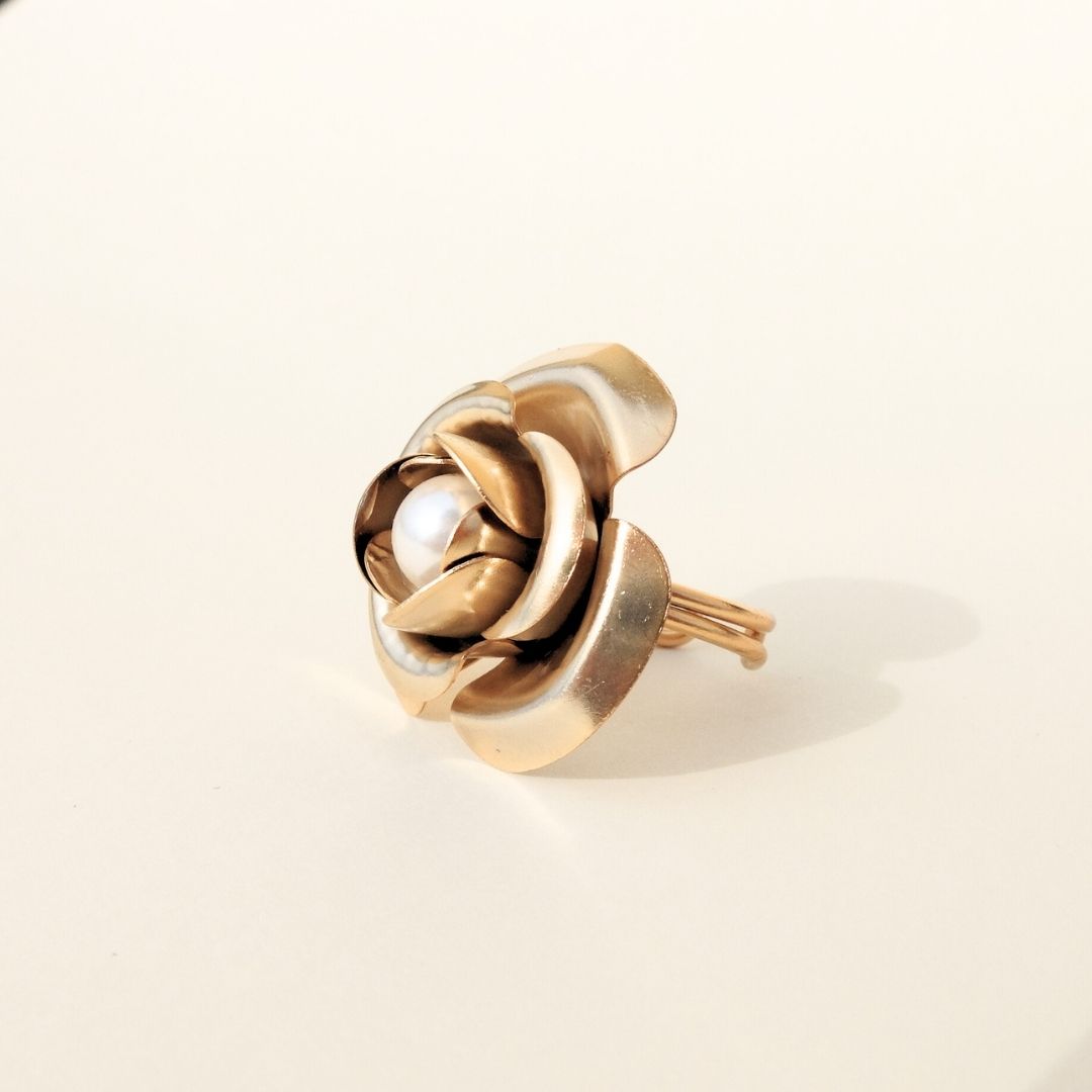 Golden Peony Ring with Central Pearl