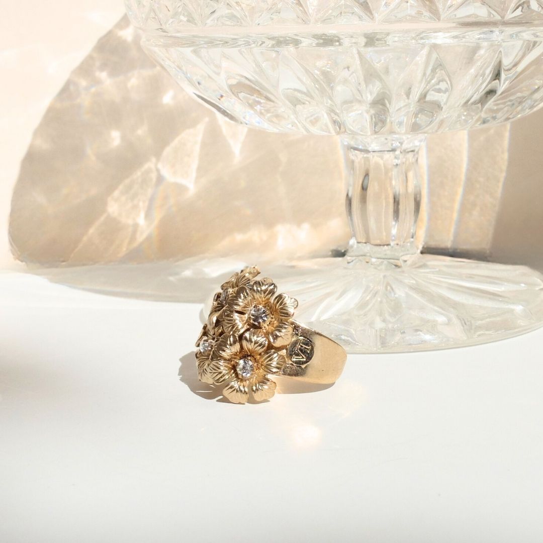 Golden Peony Ring with Central Pearl