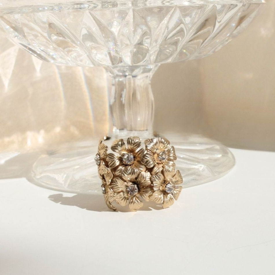 Golden Peony Ring with Central Pearl
