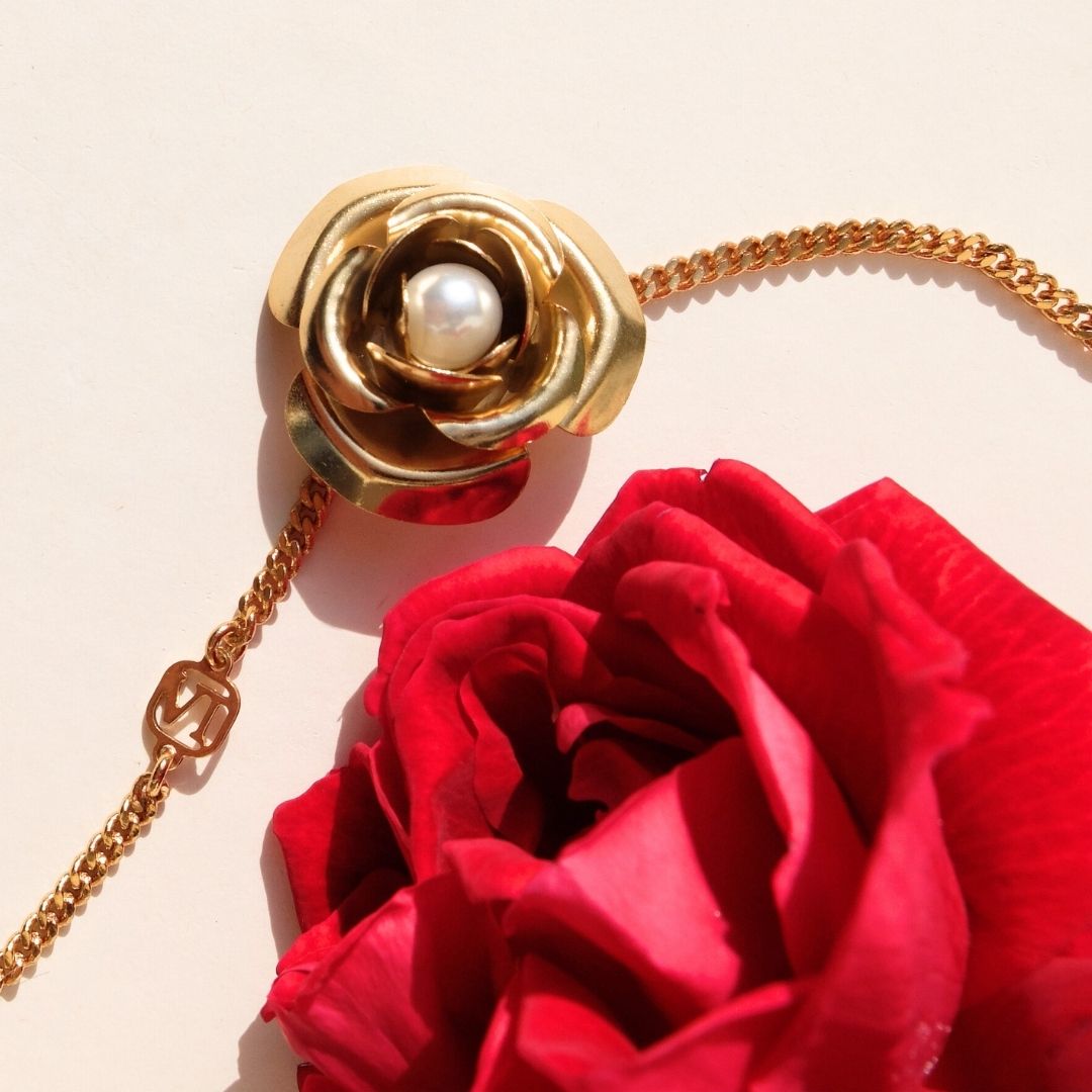 Golden Peony Bracelet with Central Pearl