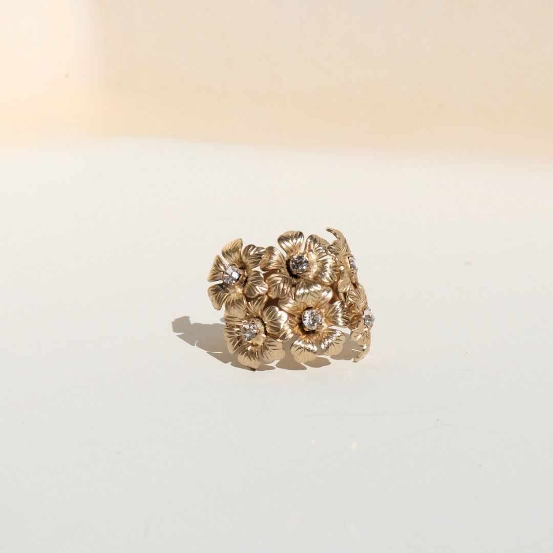 Golden Peony Ring with Central Pearl