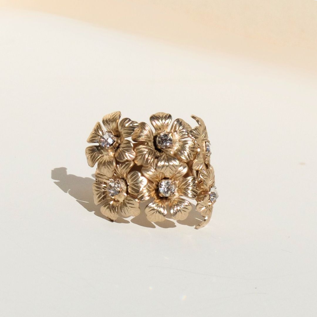 Golden Peony Ring with Central Pearl