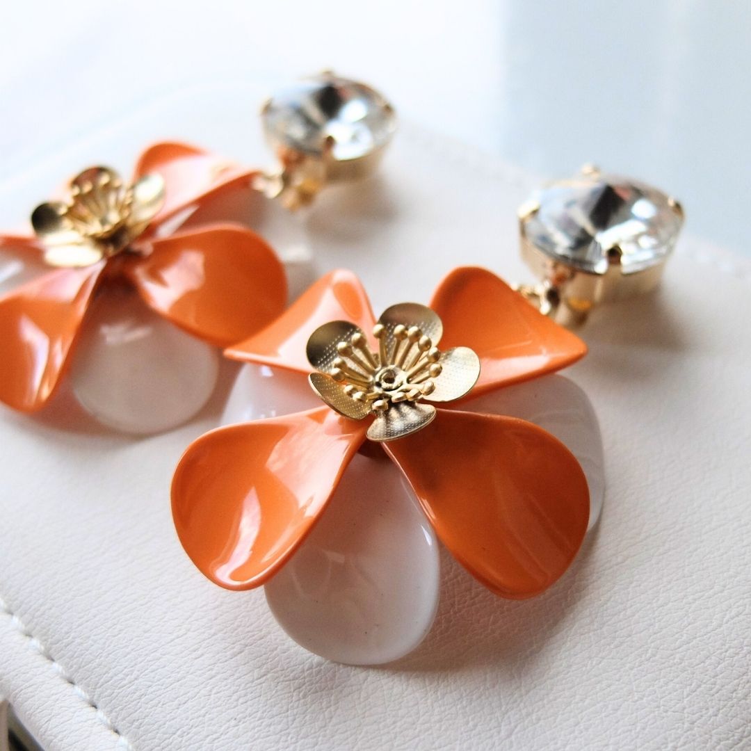 Orange and Milk White "Petal" Earrings - with central golden flower