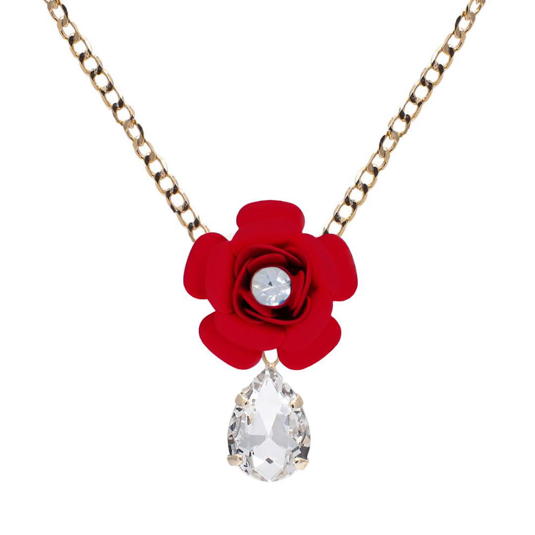 Red "Camelia" Pendant Necklace with Crystal Drop 