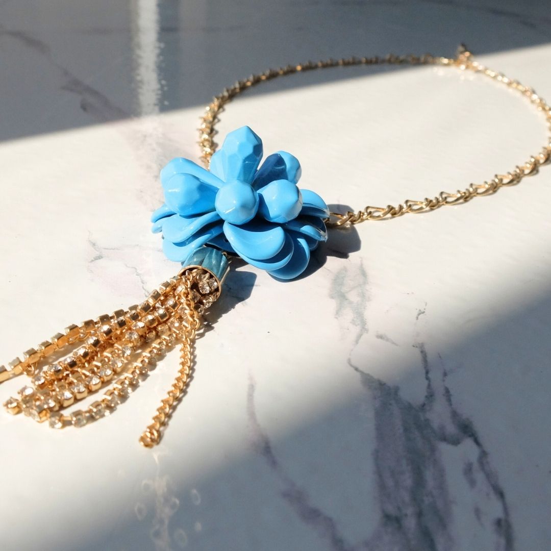 Elsa Necklace with Turquoise Anemone and Rhinestone Tassel