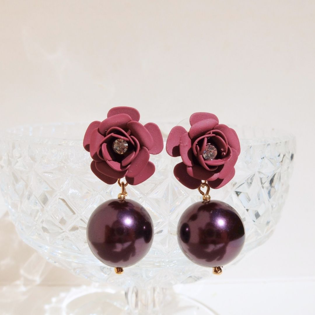 "Camelia" cherry pendant earrings with mauve crystal and pearl