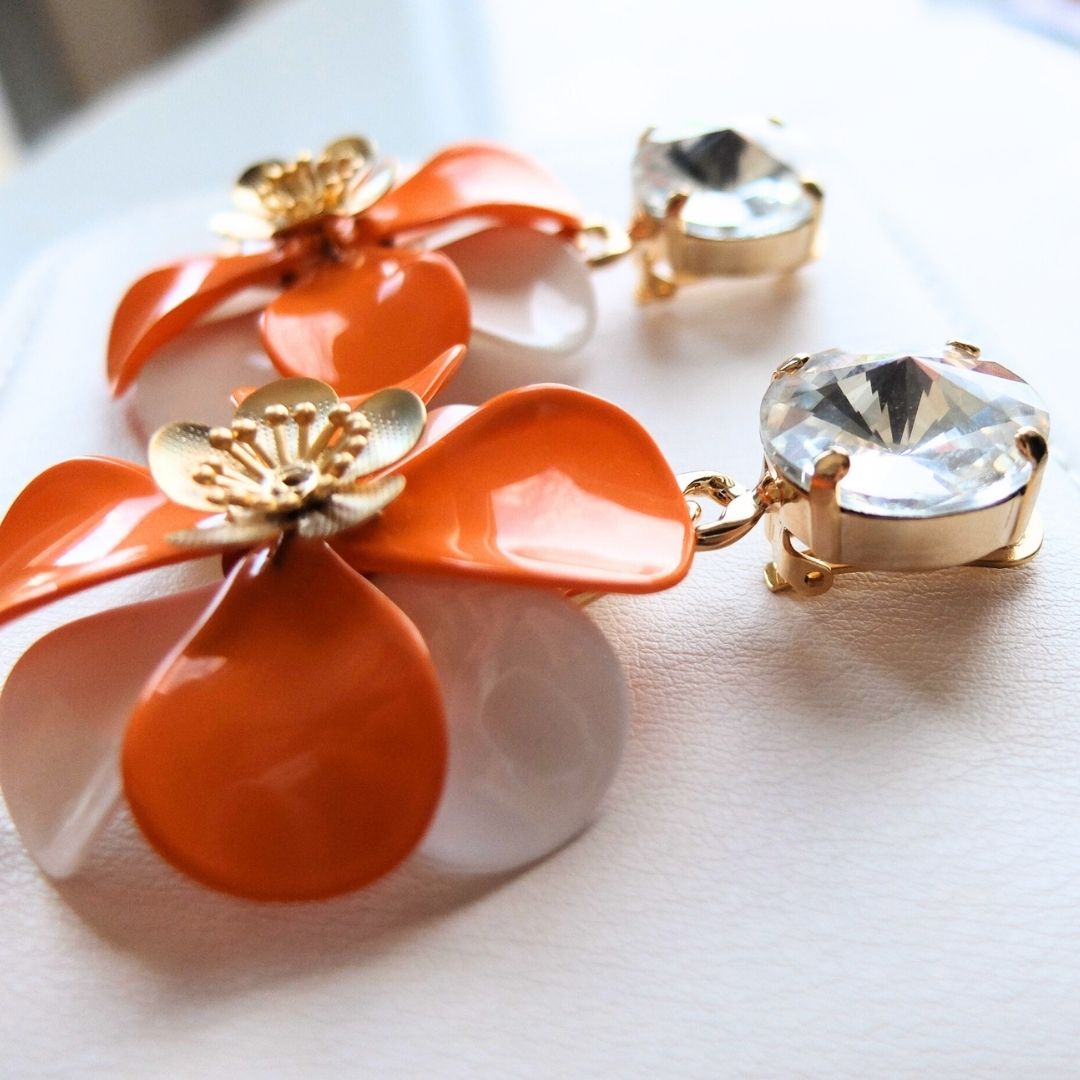 Orange and Milk White "Petal" Earrings - with central golden flower