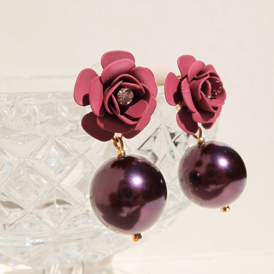 "Camelia" cherry pendant earrings with mauve crystal and pearl