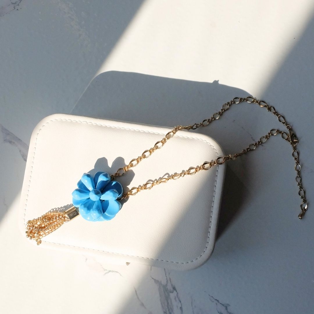 Elsa Necklace with Turquoise Anemone and Rhinestone Tassel