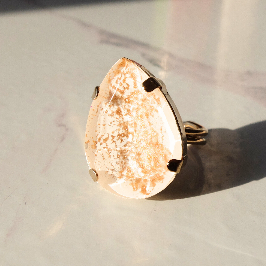 White and Gold Drop Ring with marble effect (hand painted)