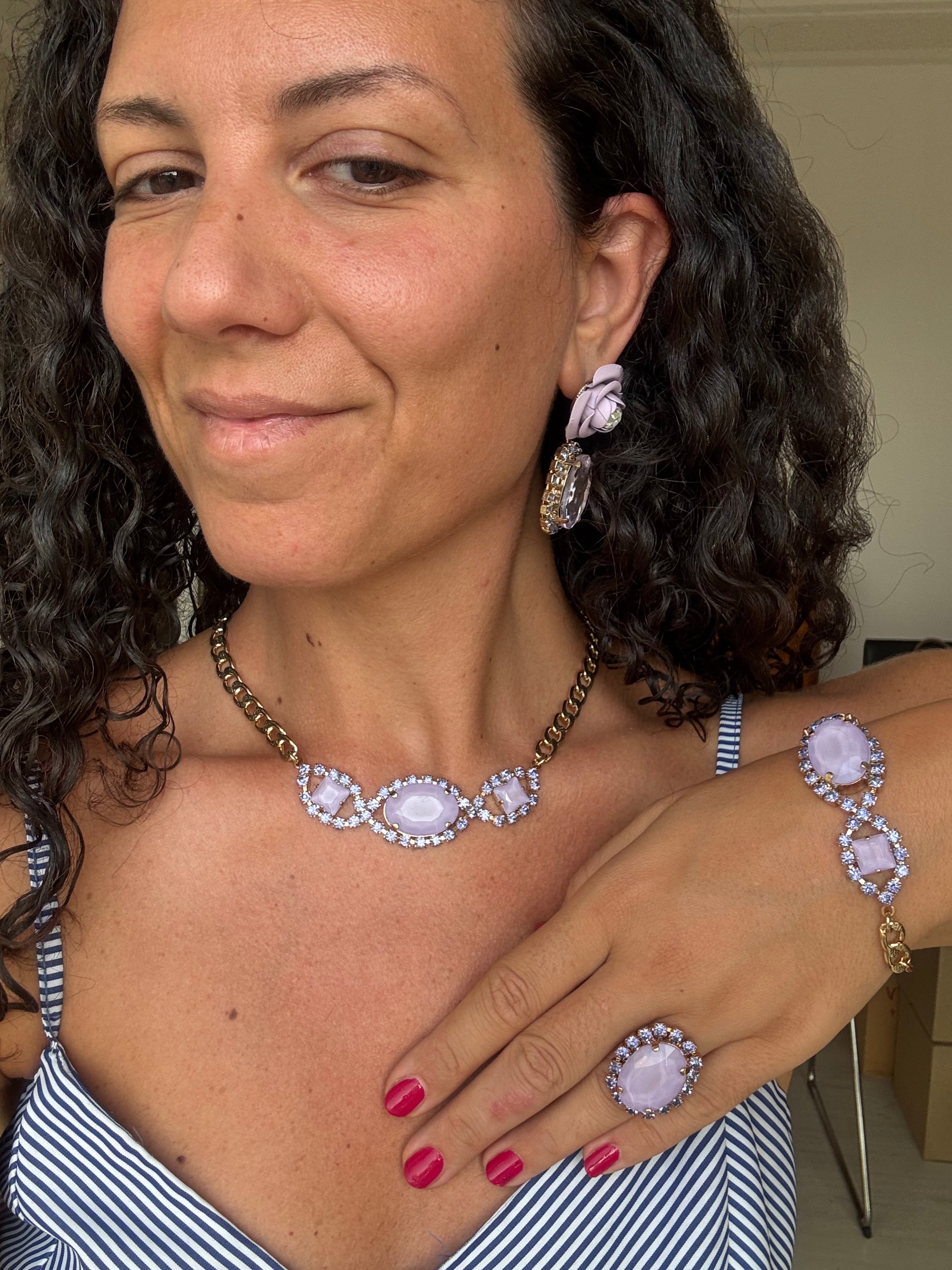 Collana Gemme "Elisabetta" - Peonia Lilla e cristalli Lavanda
