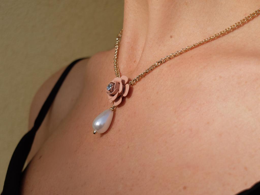 "Camelia" Pendant Necklace Powder Pink with Pearl Pendant 