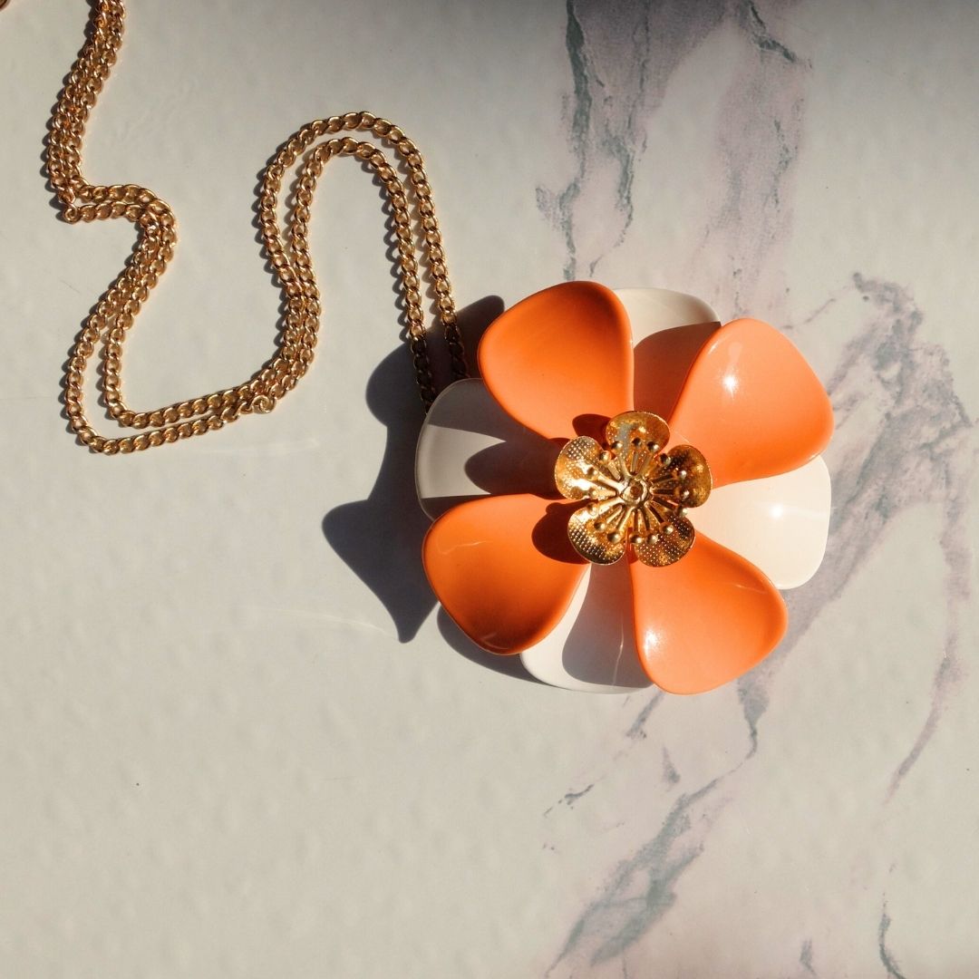 Mandarin and Milk White Petal Pendant with Central Flower - SINGLE PIECE