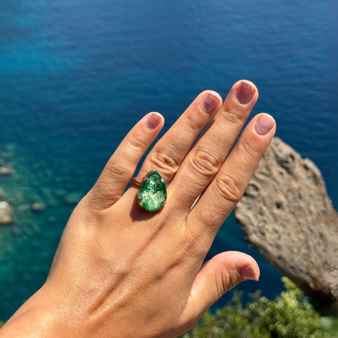 Green Jade Drop Ring with marble effect (hand painted)